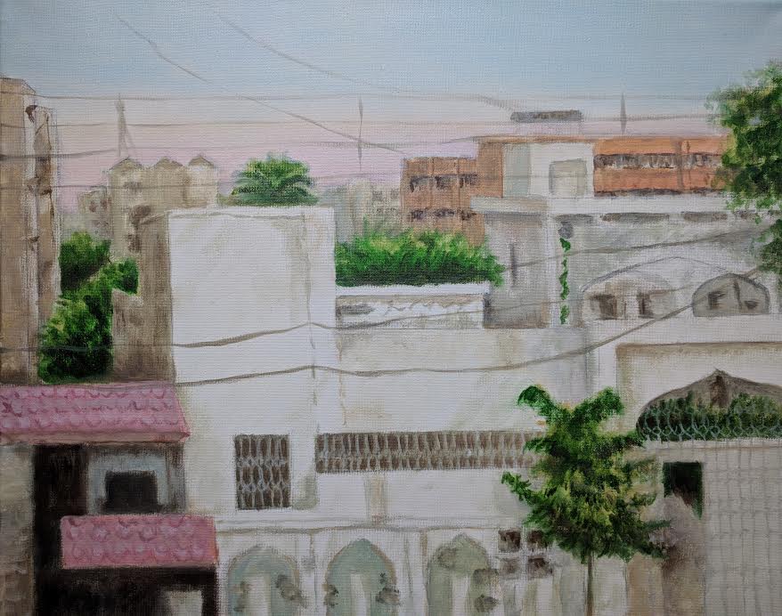 "Karachi Balcony View" OIl Paint on Canvas. 16X24. Featured in the June 2019 4th Annual Cityscapes Exhibition